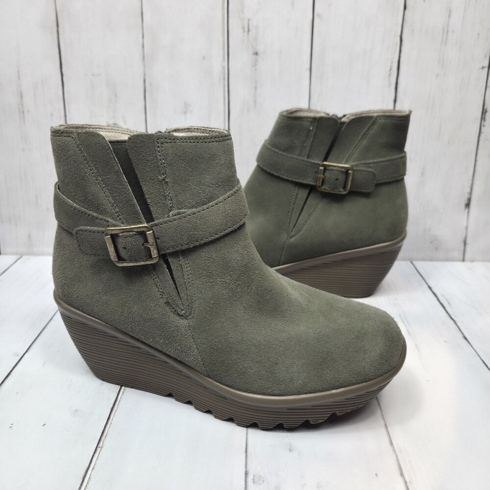 Skechers Parallel Day Date Women's 7 Green Suede Pull On Zip Wedge Ankle Booties